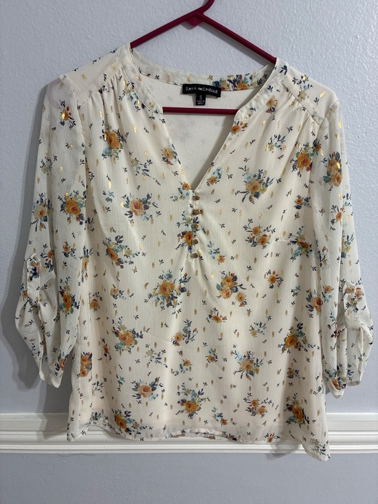 Sara Michelle Tops - Sara Michelle Floral Metallic Gold Fleck Blouse S Cream Boho V-Neck 3/4 Sleeve